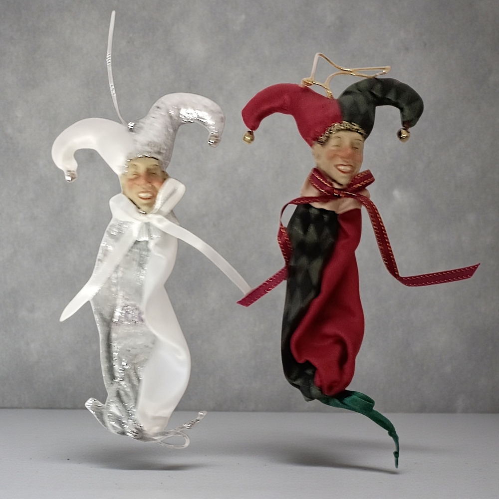 2 Vintage Jester Elf Harlequin Bag Ornaments Hard Faces Christmas‎ Holiday 90s